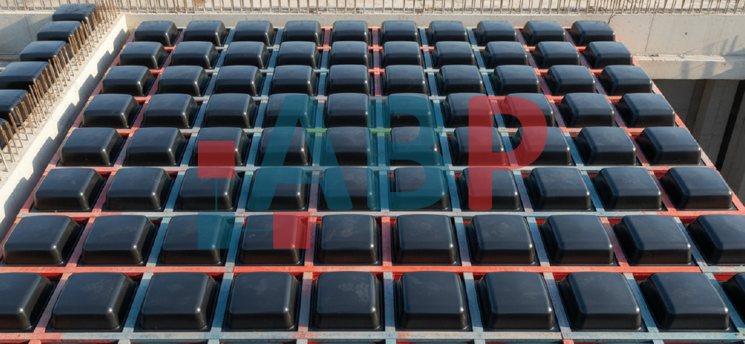 Vue d’un chantier de construction avec des coffrages plastiques noirs disposés en grille pour former un système de dalle nervurée. Des armatures métalliques entourent les moules, prêts à être remplis de béton.